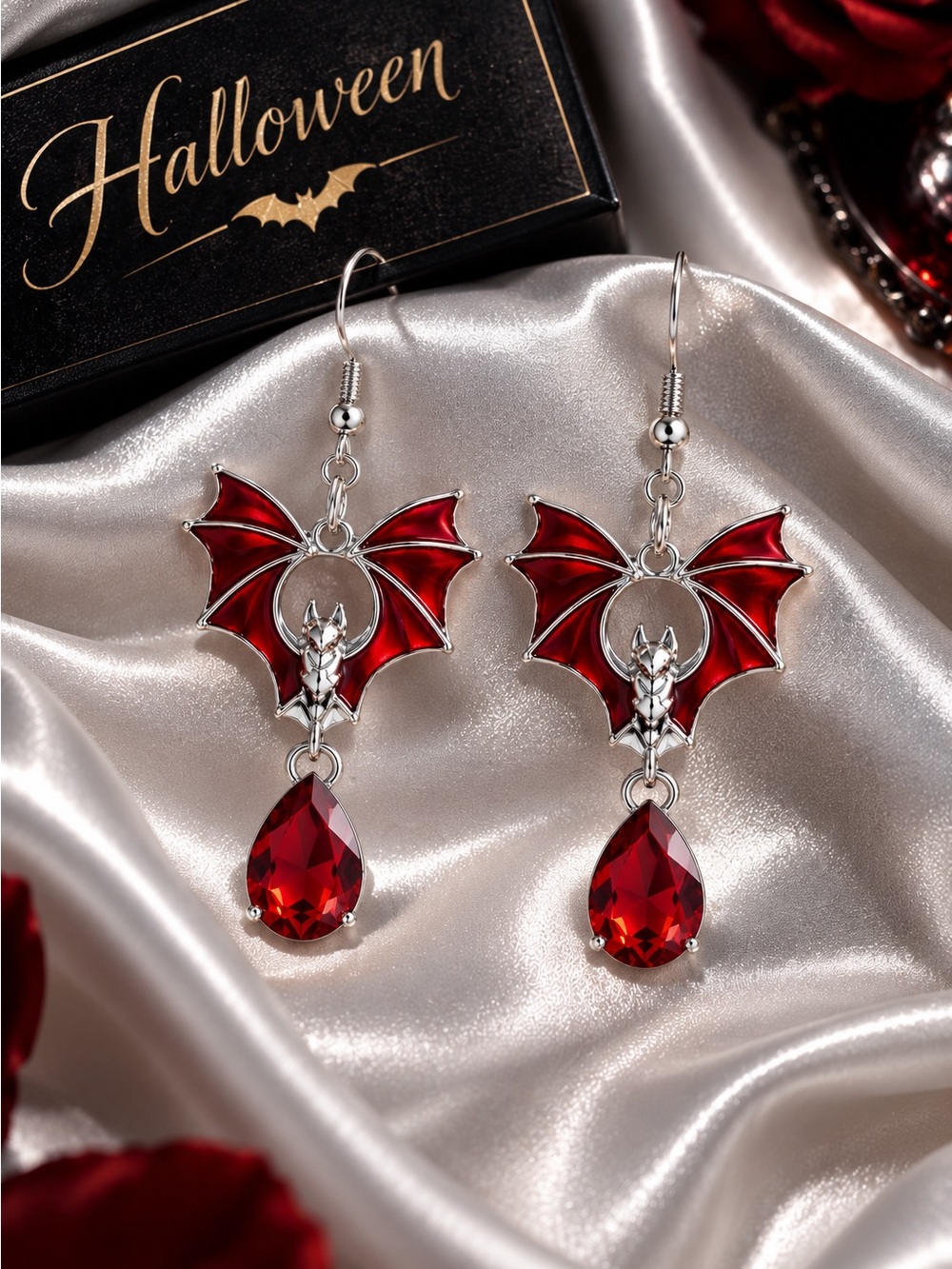 Red Bat Wing Drop Earrings - Gothic Halloween Jewelry